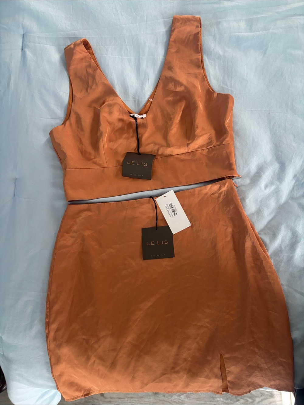 Le Lis Rust Satin Crop Top & Matching Skirt Set